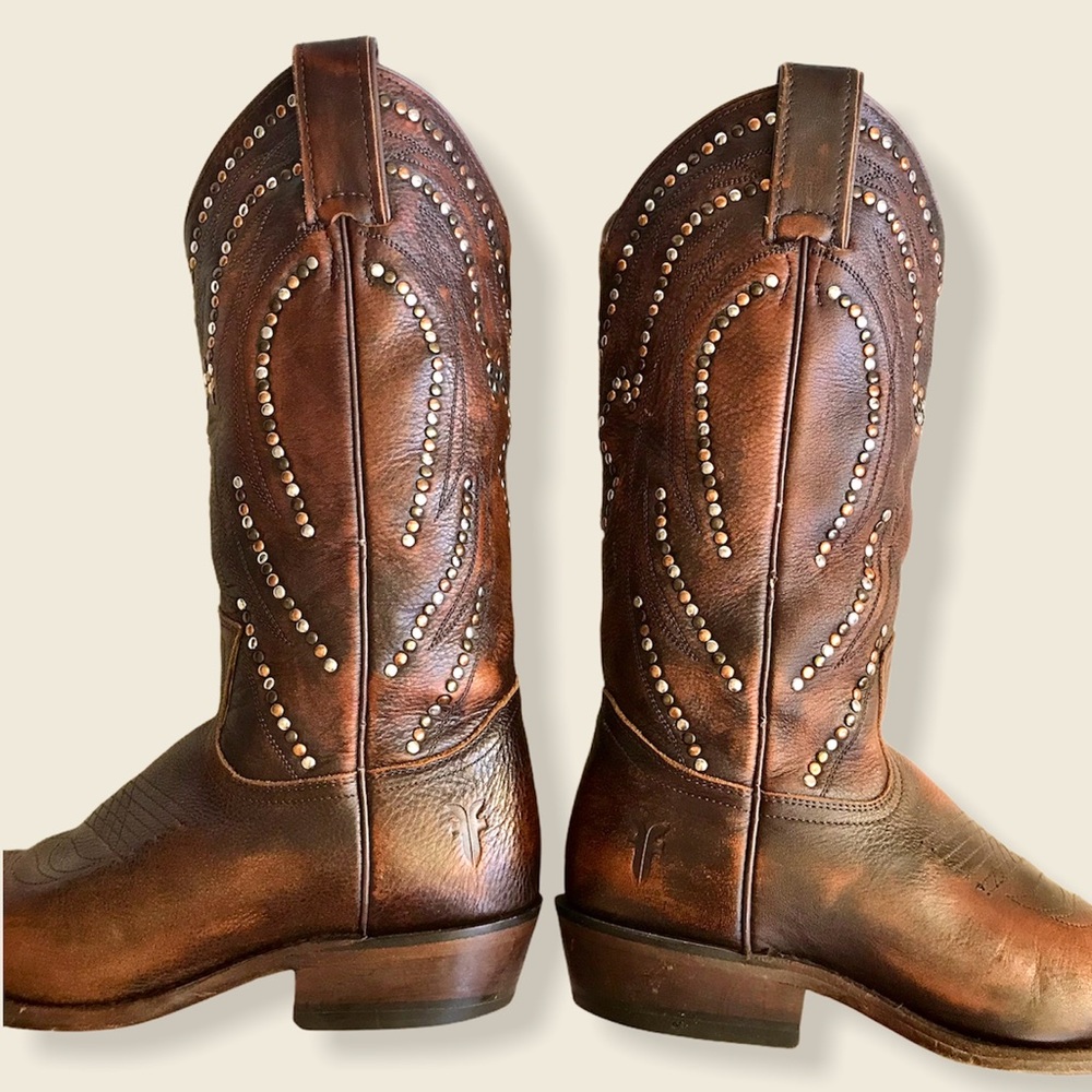 Frye Billy Stud Pull On Distressed Cowboy Boots - Picture 12 of 16
